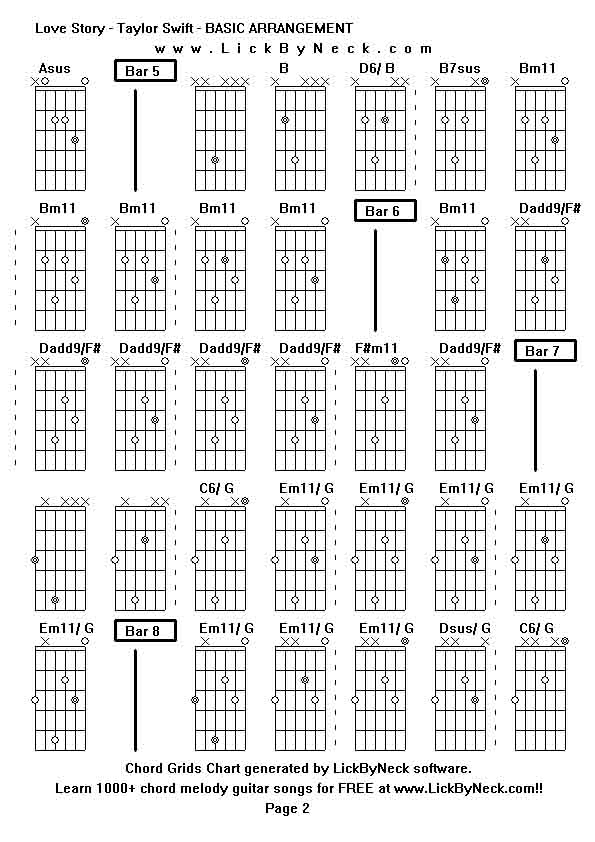 Chord Grids Chart of chord melody fingerstyle guitar song-Love Story - Taylor Swift - BASIC ARRANGEMENT,generated by LickByNeck software.